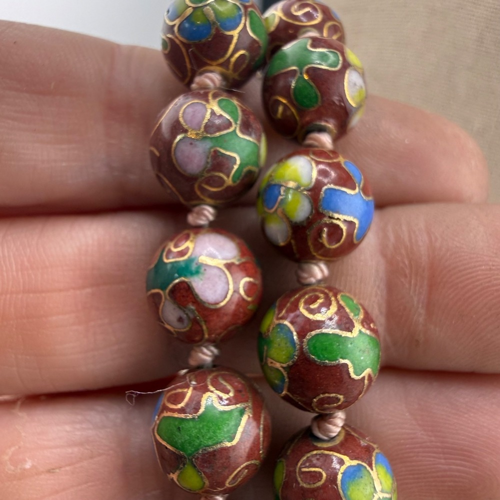 Vintage Cloisonne Beaded Necklace Red Chinese Export Gold Tone Enamel 24"